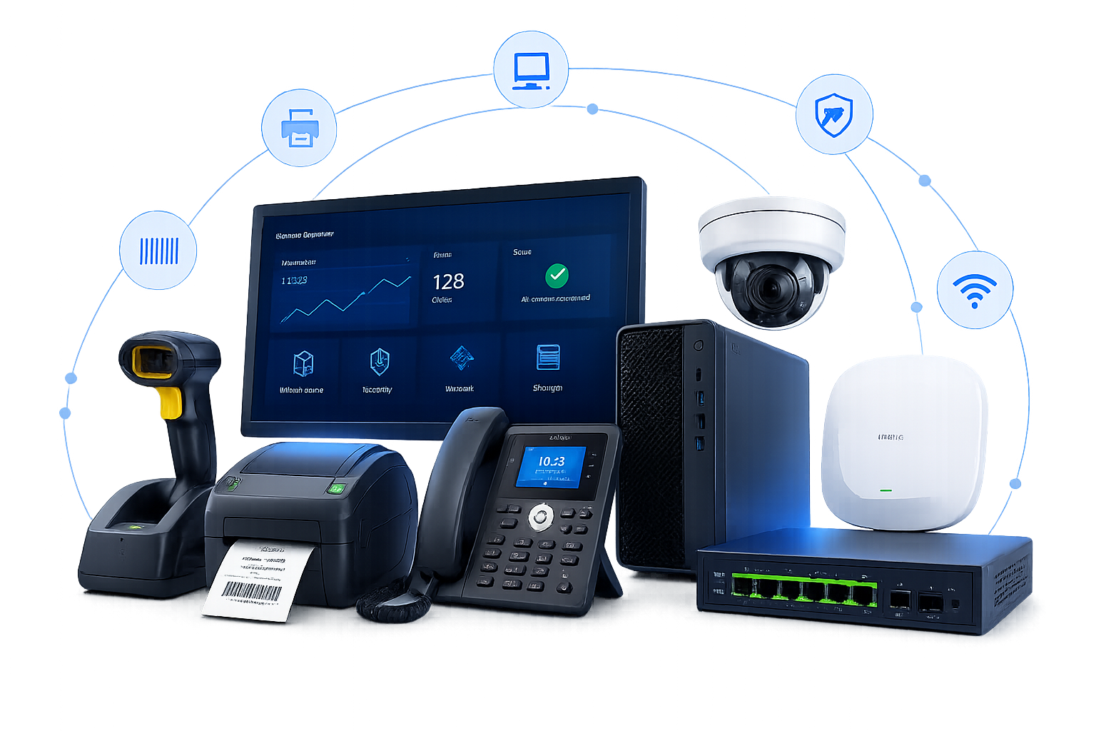 Business equipment including scanners, printers, computers, phones and surveillance cameras
